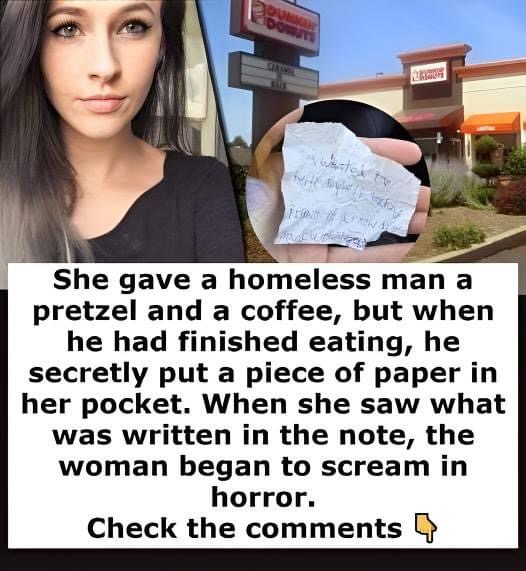 Woman buys homeless man food and stays with him – he then gives her a note and she realizes the truth.