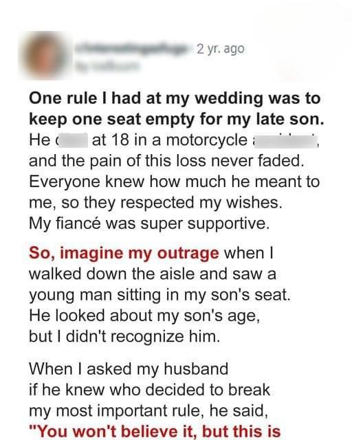 Woman leaves an empty seat for her late son at her wedding and discovers an unfamiliar man occupying it