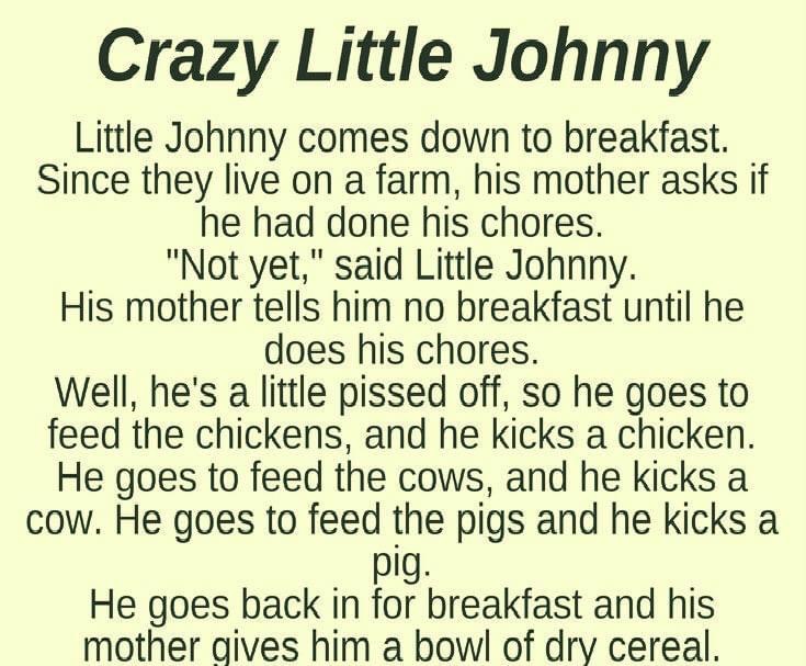 Little Johnny comes down to breakfast. Since they live on a farm, his mother asks if he had done his chores