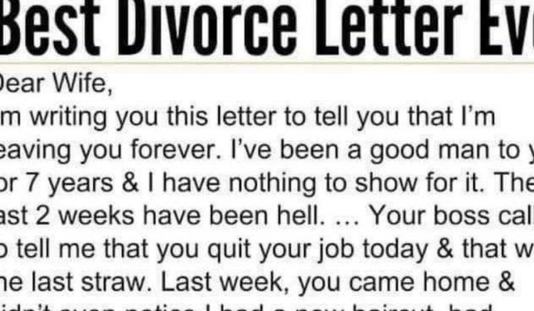 A wife receives a di,vorce letter from