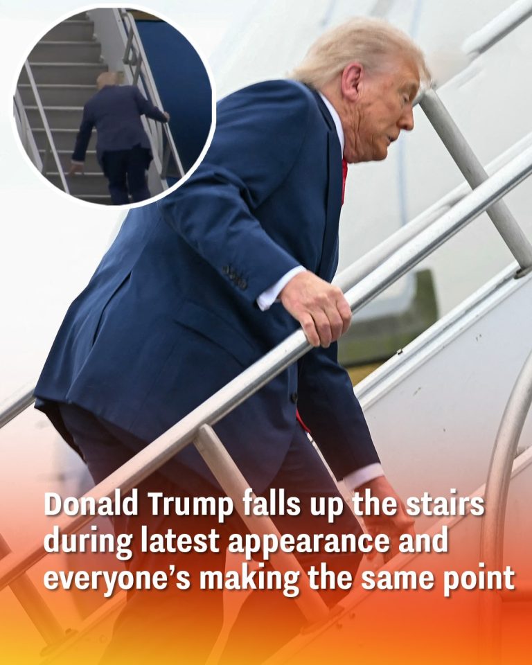 Donald Trump falls up the stairs during